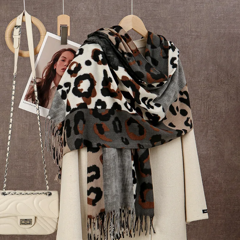 Leopard Scarf For Women Warm Winter Cashmere Pashmina Scarves Shawls Female Thick Blanket Wraps Bufanda Pashmina Female Stoles