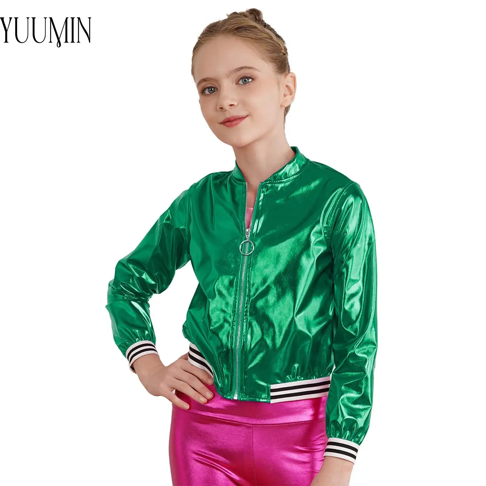 

New Children Kids Girls Modern Street Dance Jacket Long Sleeve Closure Bronzing Cloth Outerwear Outdoor Fashion Performance Wear