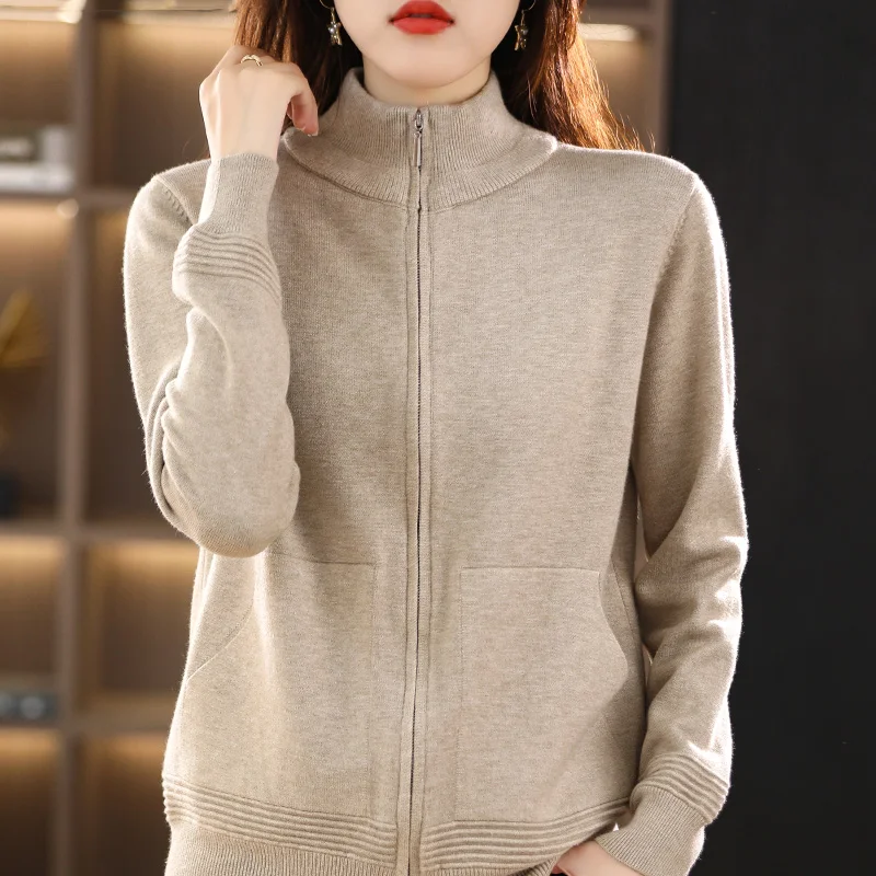 Autumn Winter New Women Wool Sweater Clothing Cuff Thread Double Zipper Cardigan Fashion Female Casual Knitted Tops Soft Jacket