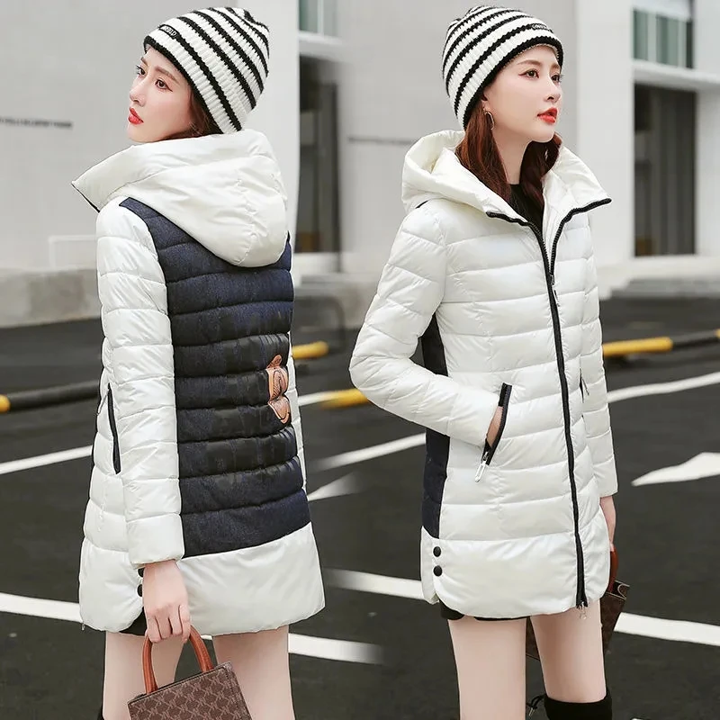 

2022 Winter New Down Cotton Coat Womens Korean Fashion Slim Casual Padded Jacket Women Printed Hooded Long Warm Cotton Jackets