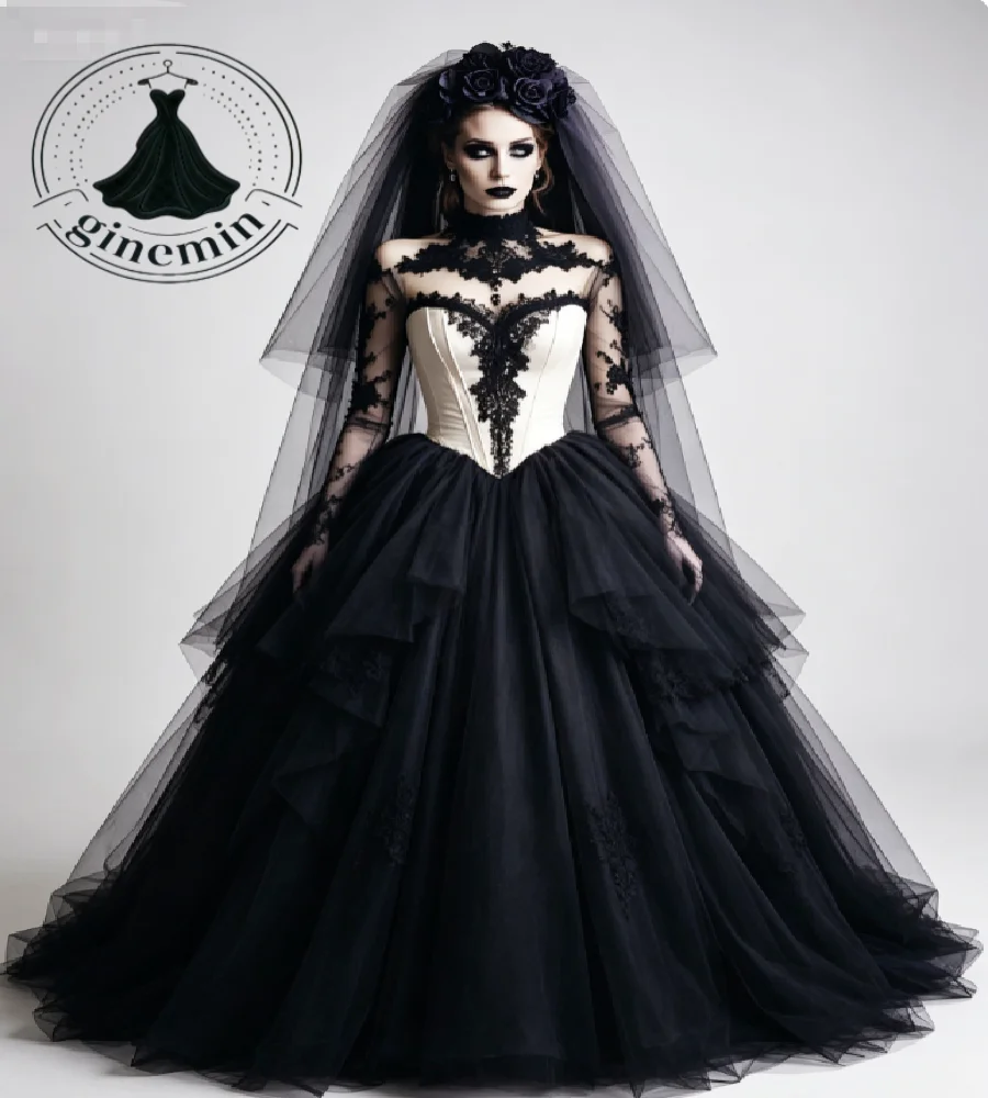 Vintage Gothic Black Wedding Dresses Dark Victorian Vampire Lace Long Sleeve Medieval Bridal Gown Tiered Layered Tulle Halloween