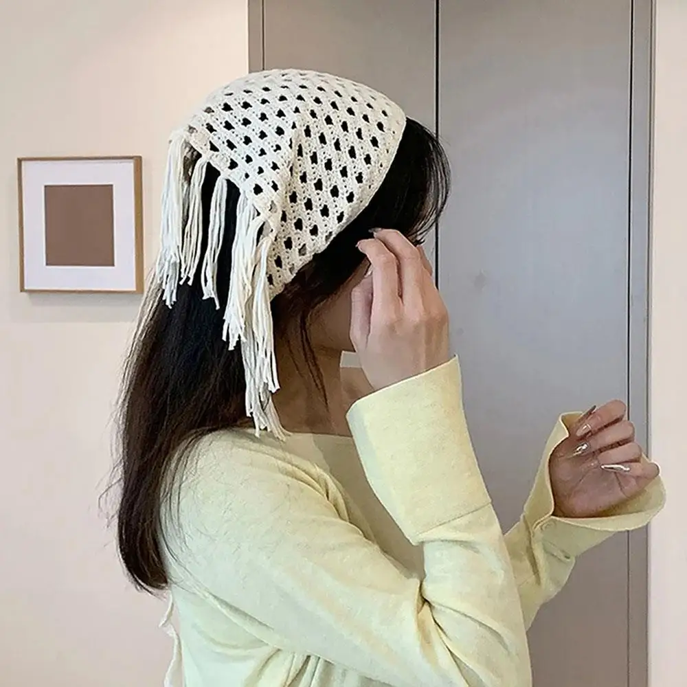 Bufanda triangular de encaje para el pelo, diadema a la moda con agujeros, turbante bohemio con borlas, delantal de punto con flores para la cadera, banda para la cintura para mujer