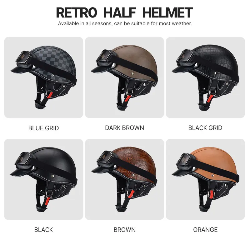 Helm sepeda motor setengah disetujui DOT pria wanita, helm sepeda motor dengan kacamata empat musim profil rendah
