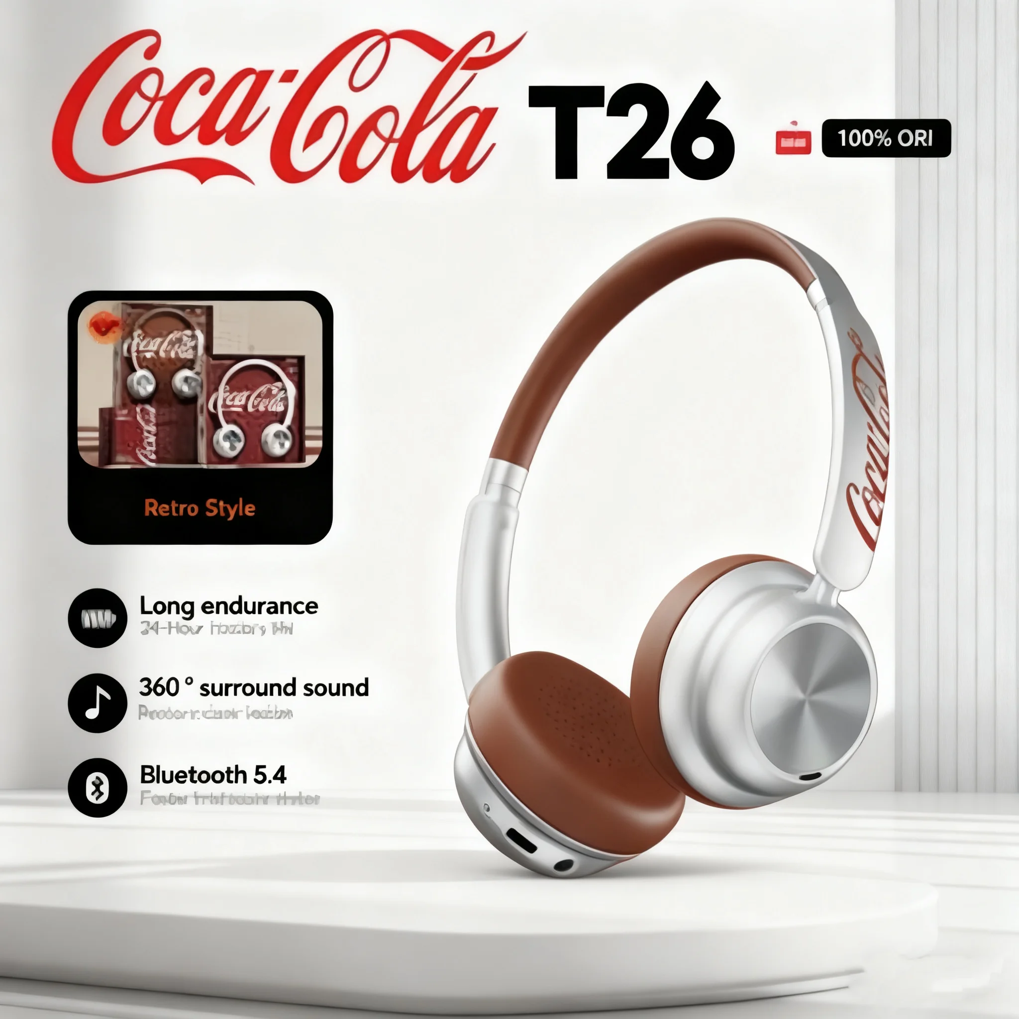 Auriculares inalámbricos intrauditivos retro Coca-Cola T26, Bluetooth 5.4 con micrófono para llamadas claras