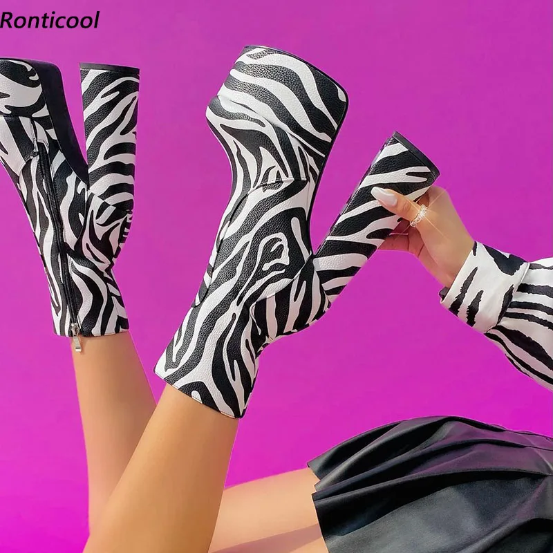 

Ronticool/женские ботильоны ручной работы на платформе, уличная обувь на массивном высоком каблуке с круглым носком и зеброй, женские большие размеры 35-52