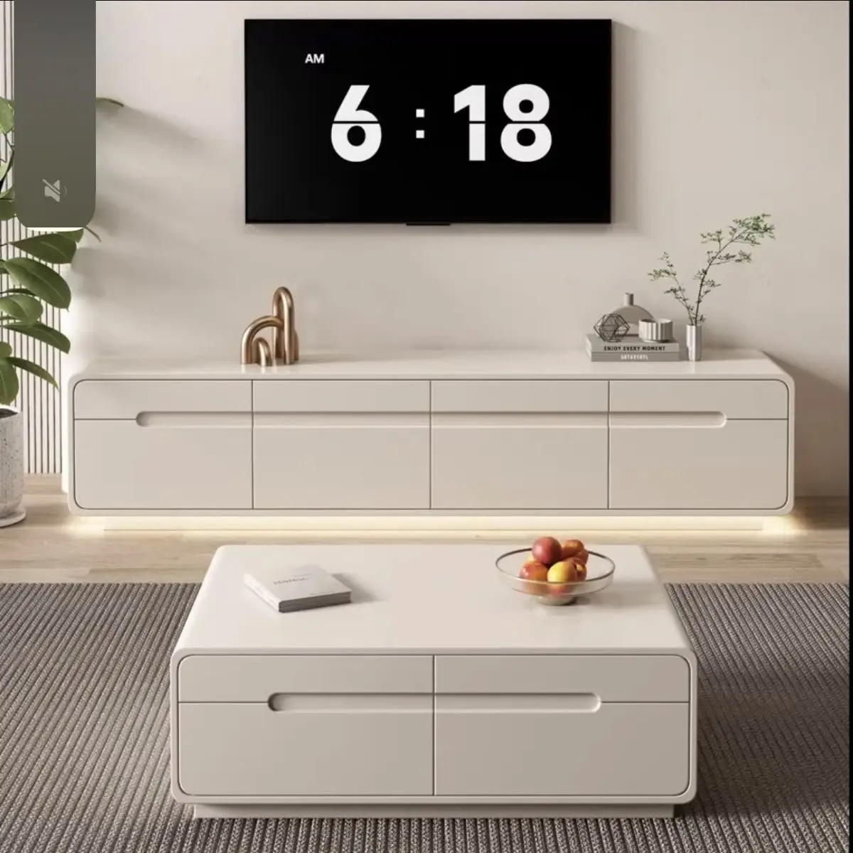 

Double-layer solid wood TV cabinet coffee table combination floor-to-ceiling living room white light luxury home Nordic