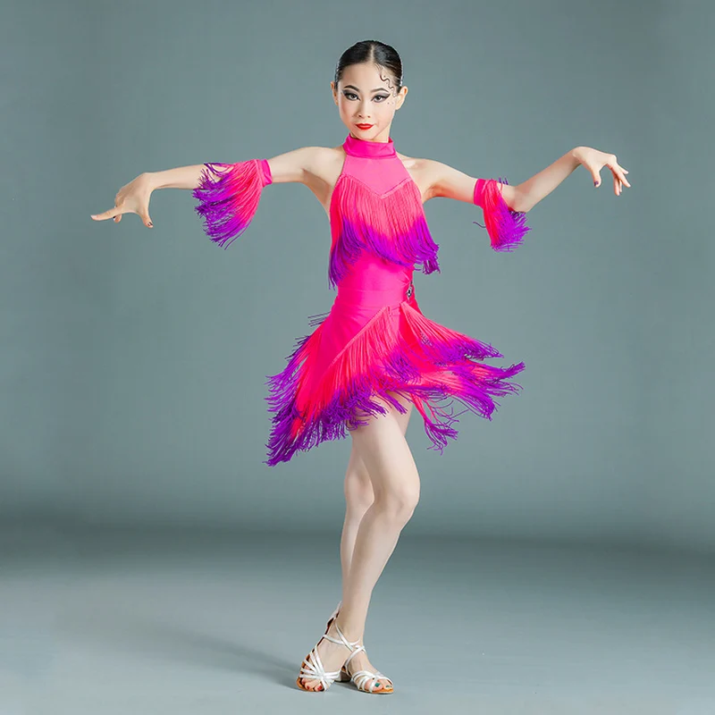 Children Latin Dance Dress For Girl Latin Competition Costume Sleeveless Gradual Fringed Dress Performance Outfits