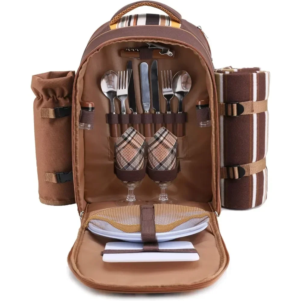 

Picnic Backpack Bag for 2 Person with Cooler Compartment, Detachable Bottle/Wine Holder, Fleece Blanket, Plates and Cutlery