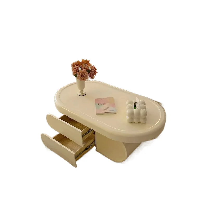 #High-Grade Oval Design Rock Board Drawer Cream Style Biscuit Coffee Table for Living Room for Small Apartments Internet