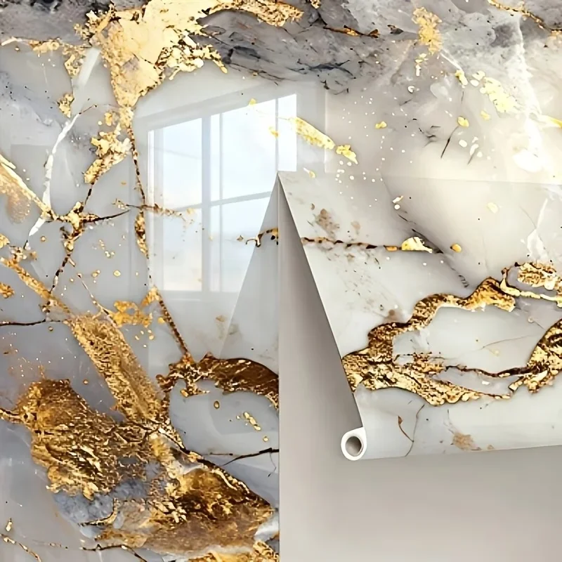 Gloss Gilded Marble Self Adhesive Wallpaper Oil Proof Waterproof Film Kitchen Countertop Cabinet Decorative Sticker.