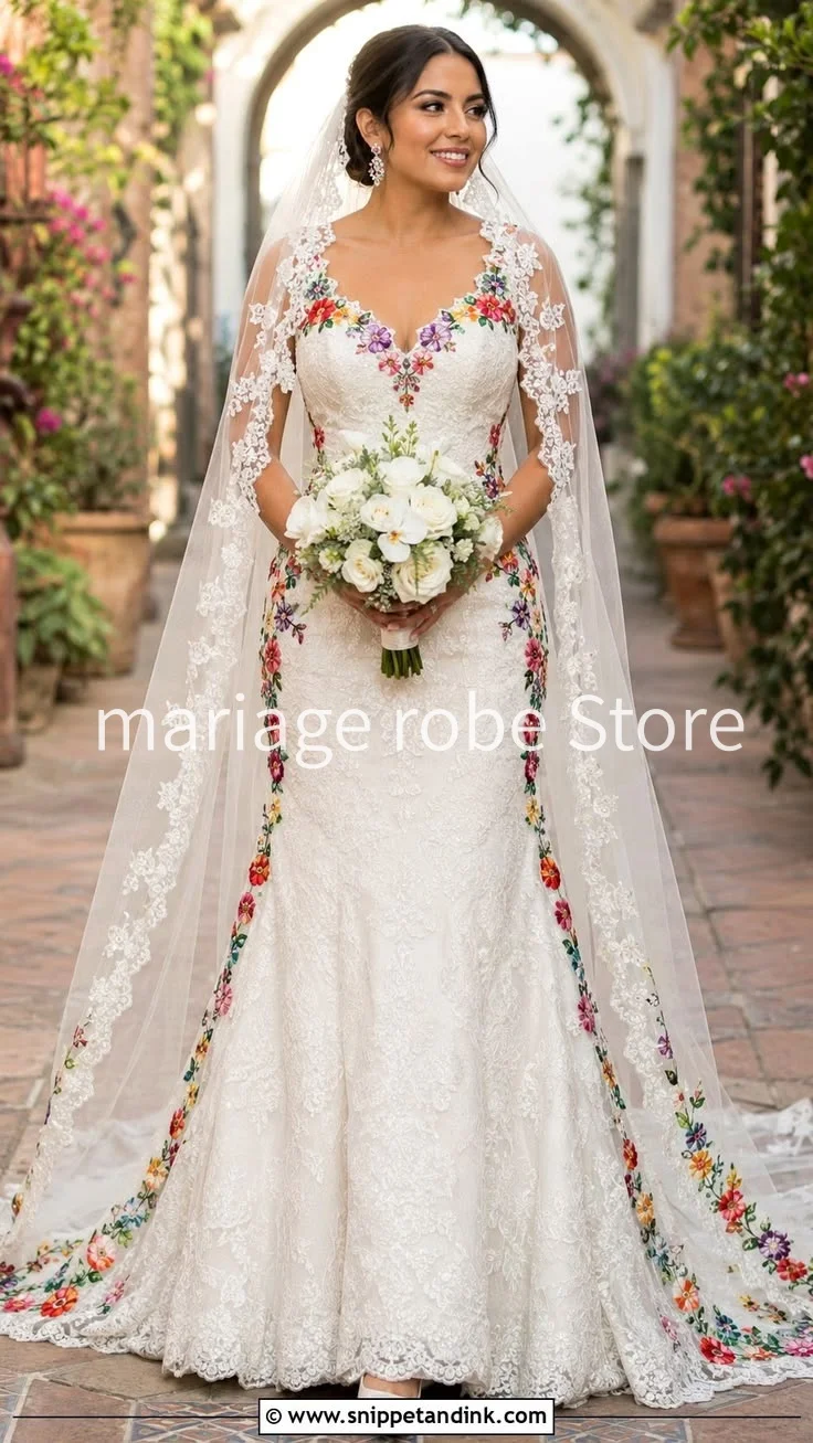 Mexican Bold Heritage Embroidery Mermaid Wedding Dresses Off Shoulder Country Garden Traje Bridal Gown Outfit Customiz