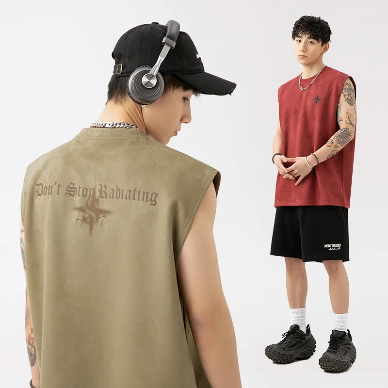 American Letter Pattern Printed Suede Thin Sports Vest Men\'s Summer New Sleeveless T-Shirt Casual Tank Top Sleeveless Vest Shirt