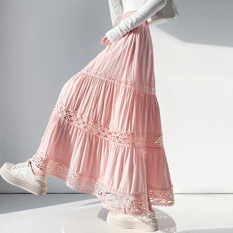 Women's Crochet Hollow Out Tiered Skirt Spring Summer A-line Maxi Skirt White Lace Trim High Waist Elastic Flared Long Skirt
