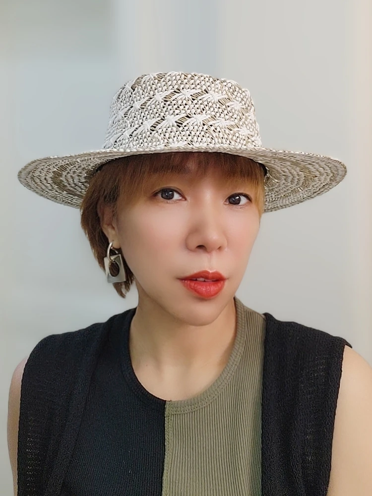 韓国風和風麦わら編みジャズフラットトップハットユニセックス夏の日よけビーチグラスハットホリデーカジュアルワイドブリムハット