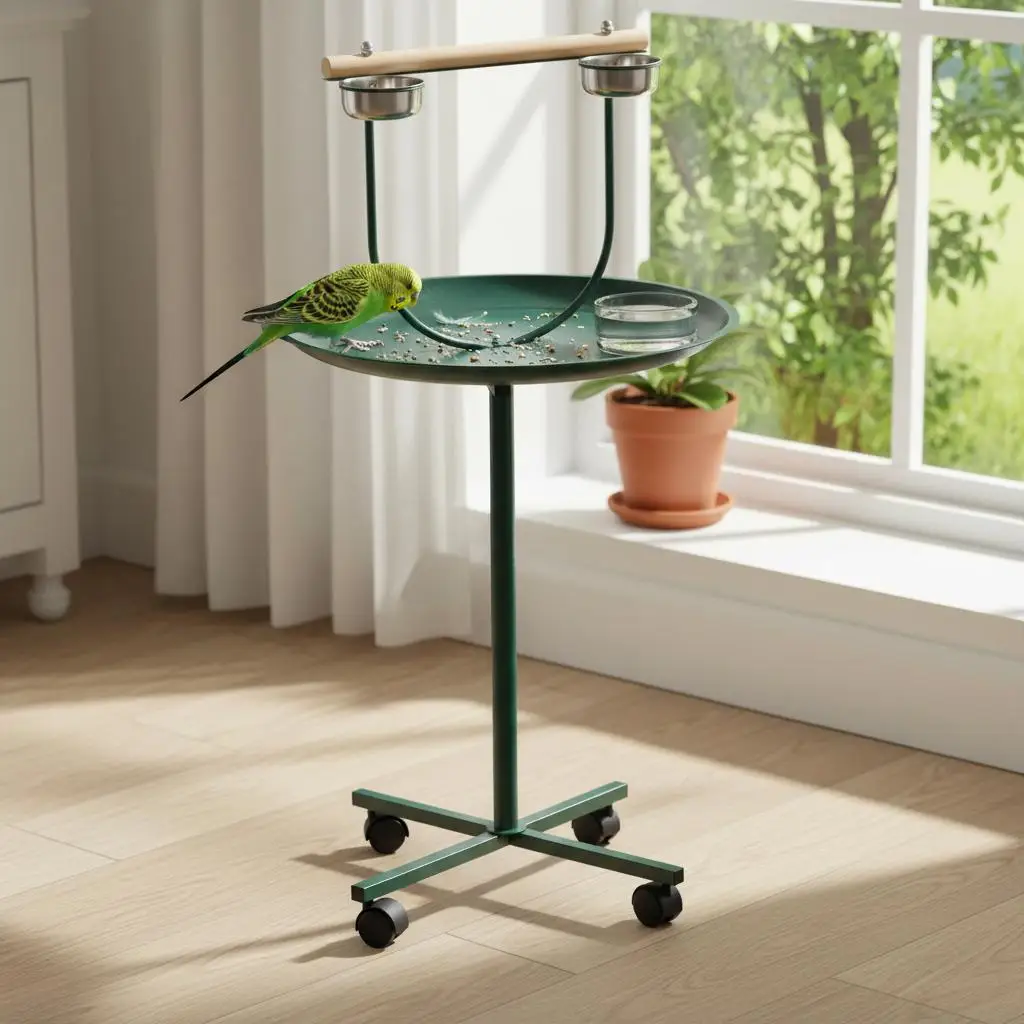 Green Bird Perch Stand with 4 Wheels & Feeding Bowls, Rolling Pet Playstand for Small & Medium Birds Parakeet Cockatiel