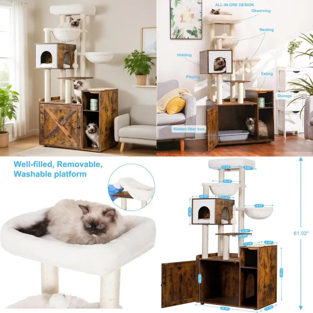 

Contemporary Indoor Cat Tree with Litter Box Enclosure, Spacious Platform, and Dual-Tier Feeding Station