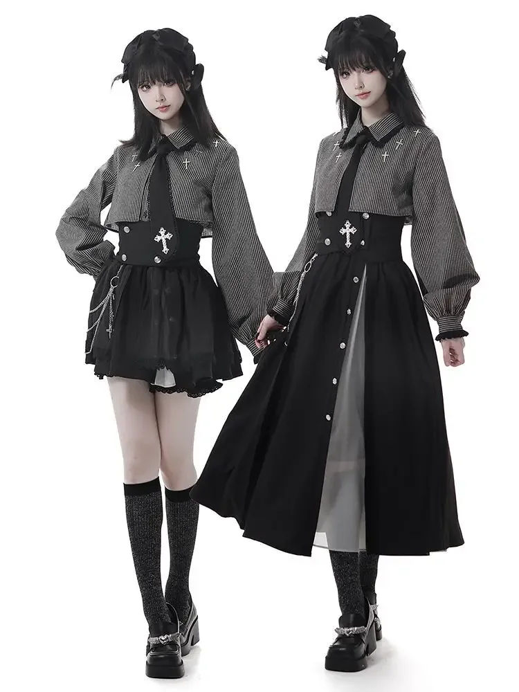 

Готические комплекты из 2 предметов в стиле Харадзюку, женская винтажная укороченная блузка Y2k + черная юбка с высокой талией в стиле ретро, пояс, вечерние винтажные комплекты, шикарные