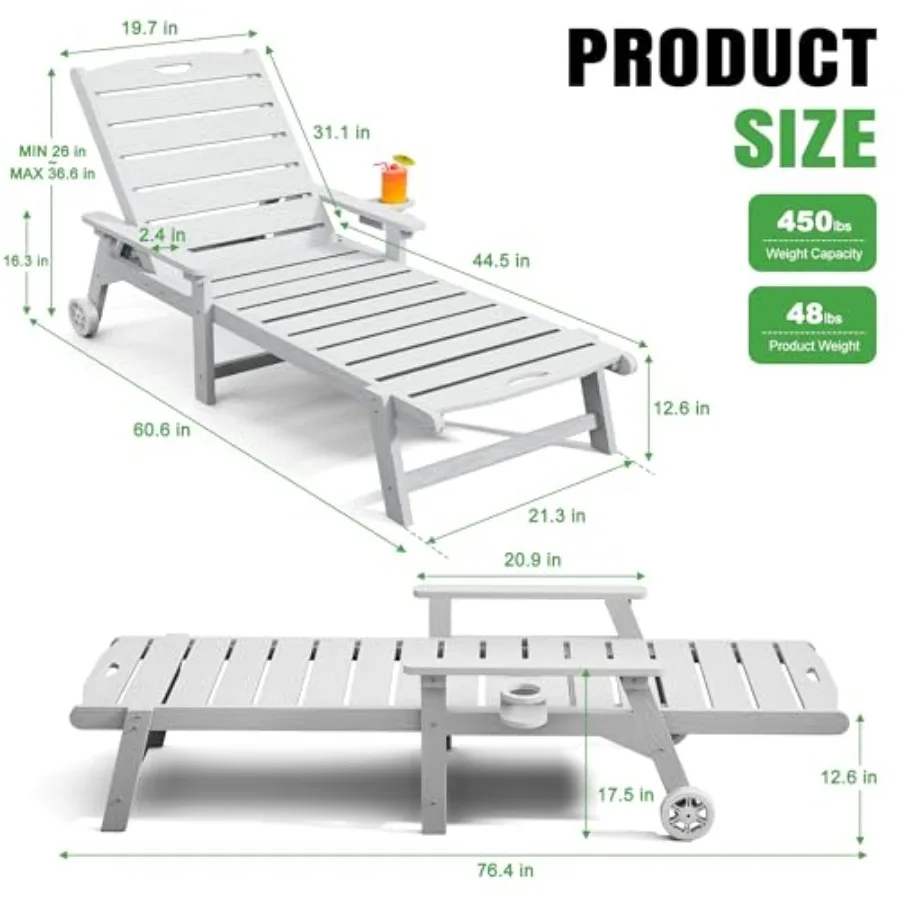 Outdoor lounge chair set of 2: HDPE white tanning chairs with 5-position adjustability, cup holders, and wheels for easy mobili