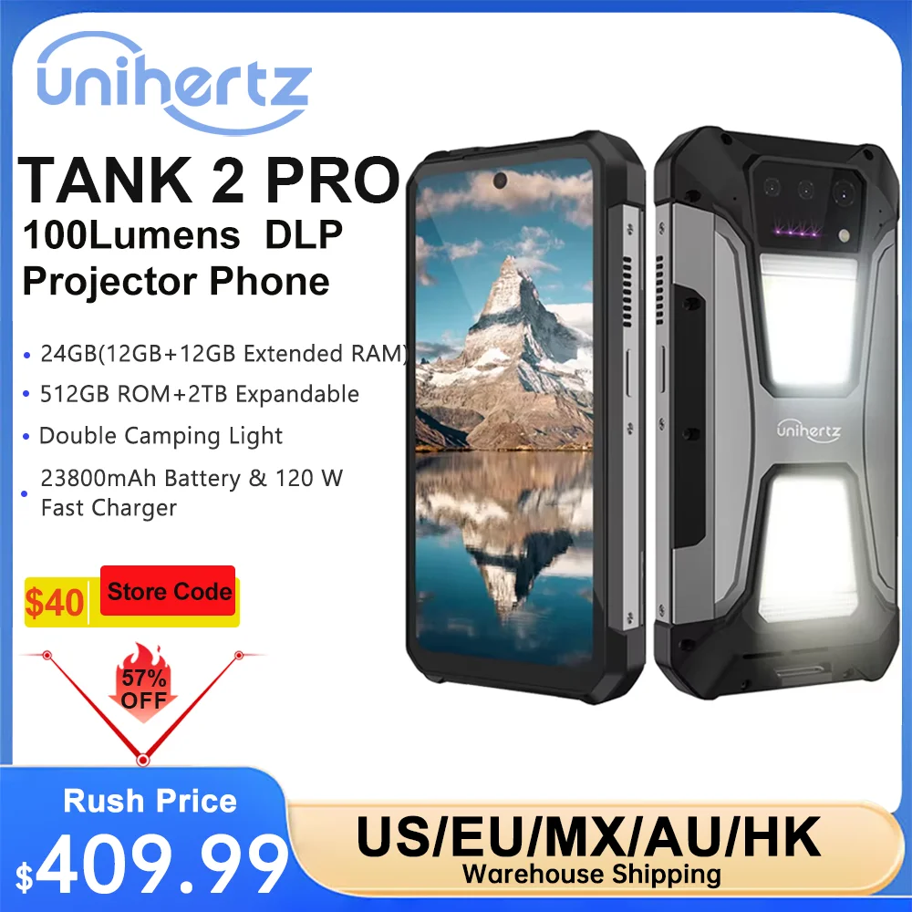 Unihertz-8849 Tank 2 PRO Rugged Smartphone with Projector, 23800mAh, 120W Charger, 24GB, 512GB, 100MP Android Phone,120Hz Screen