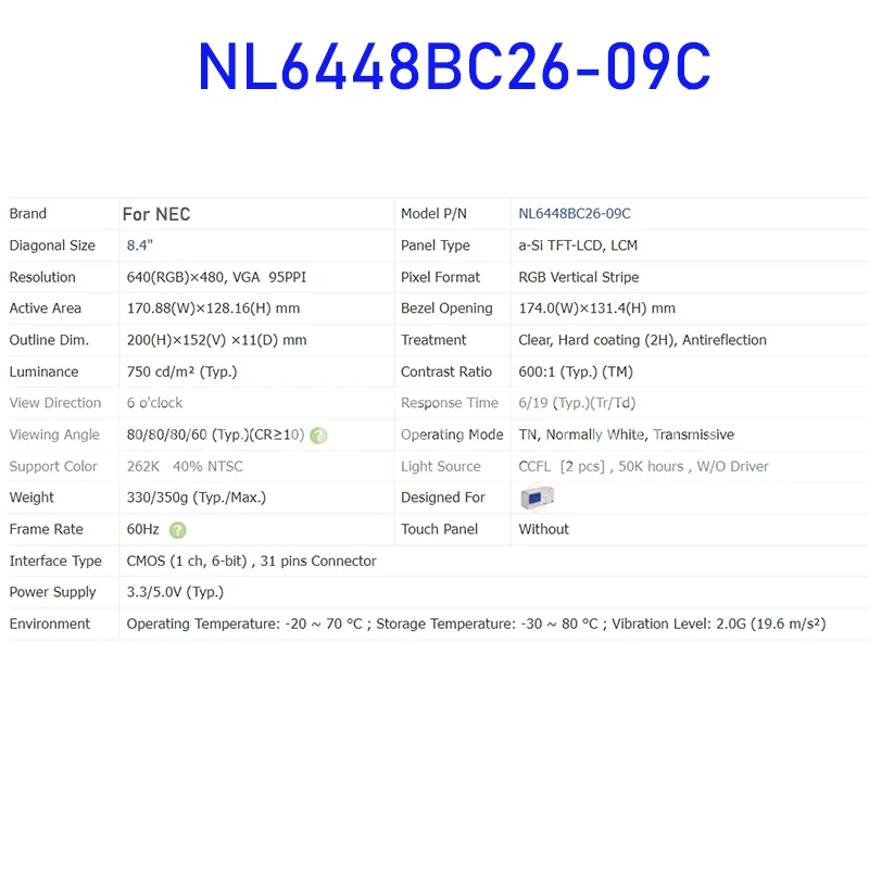 NL6448BC26-09C 8.4 Inch LCD Display Screen Panel Original for NEC 31 Pins Connector Brand New