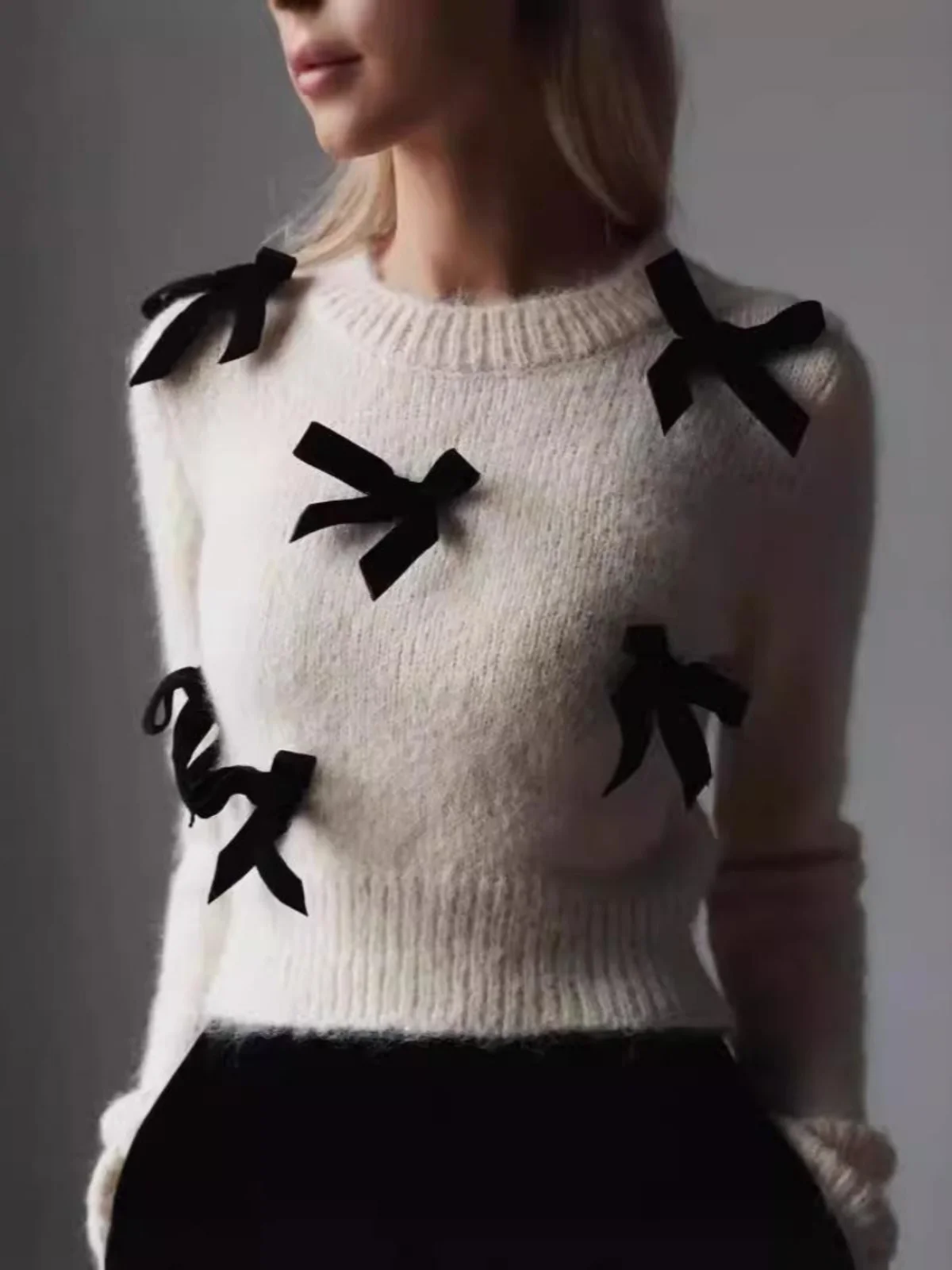

Autumn Winter Women's Long Sve Knitted Sweater Pure Color Hoodie Knot Design Comfortable Fit Faionable Top