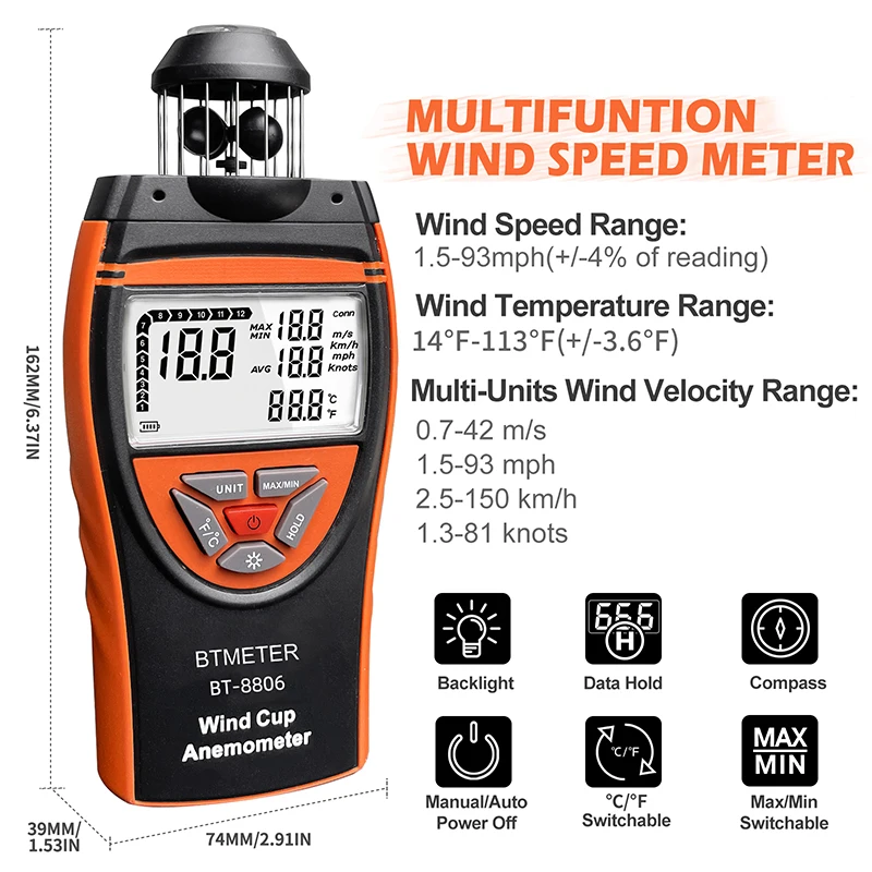 BTMETER Handheld Wind Cup Anemometer 2.5～150 KM/h AVG 6 Unit Adjustable with Temperature Measurement Backlight Display  BT-8806