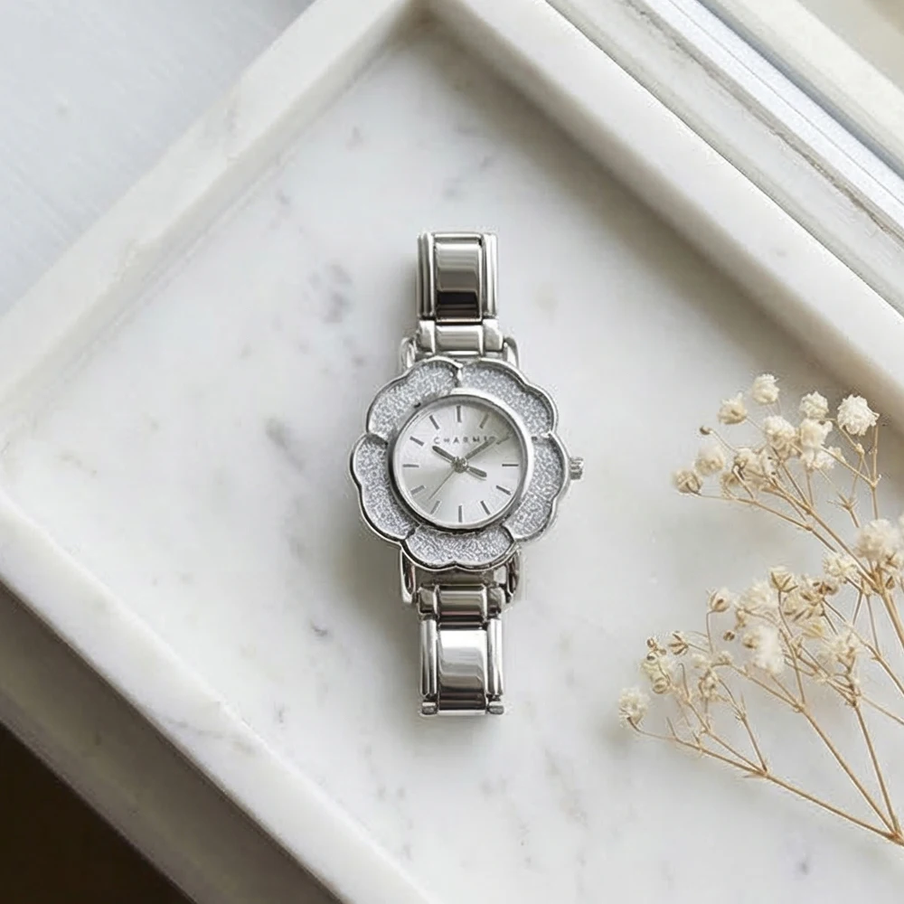 GEMOSA Flower Oval Quartz White Black Watch Dial & Connector Fit 9mm Stainless Steel Italian Charm Link Jewelry for Women Men