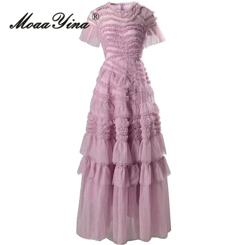 

MoaaYina Fashion Designer Autumn Women's Ball Gown Dress Short Sleeved Edible Tree Fungus Edge Striped Evening Prom Dresses