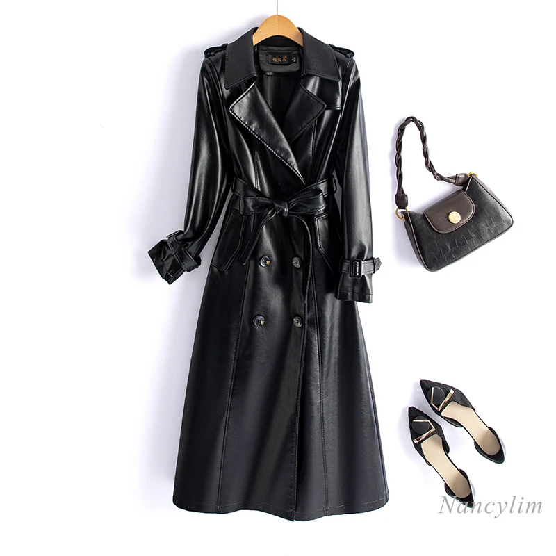 2023 Autumn and Winter New Yellow Genuine Leather Clothes Women's Over-the-Knee Leather Windbreak Trench Coat Street Overcoats