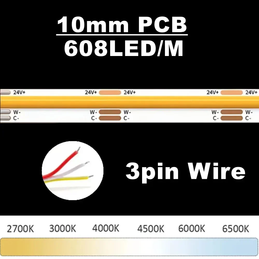 DC24V CCT Dimmable COB LED Strip 8mm/10mm RA98 2700K-6500K Tunable Double Color Linear Lighting High CRI Flexible Tape Light