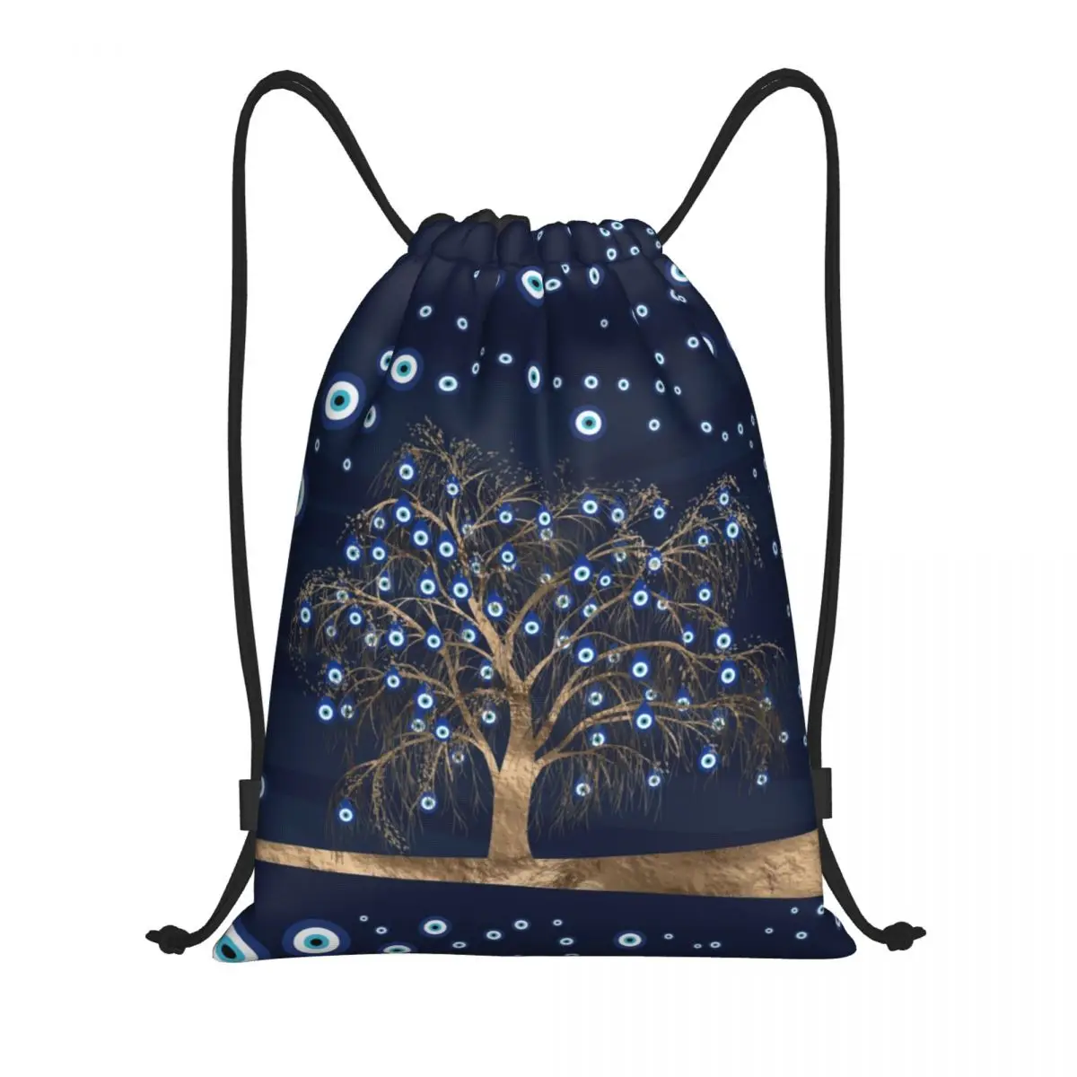 Custom Charm Tree Gold On Dark Blue Drawstring Backpack Bags Lightweight Nazar Evil Eye Gym Sports Sackpack Sacks for Training