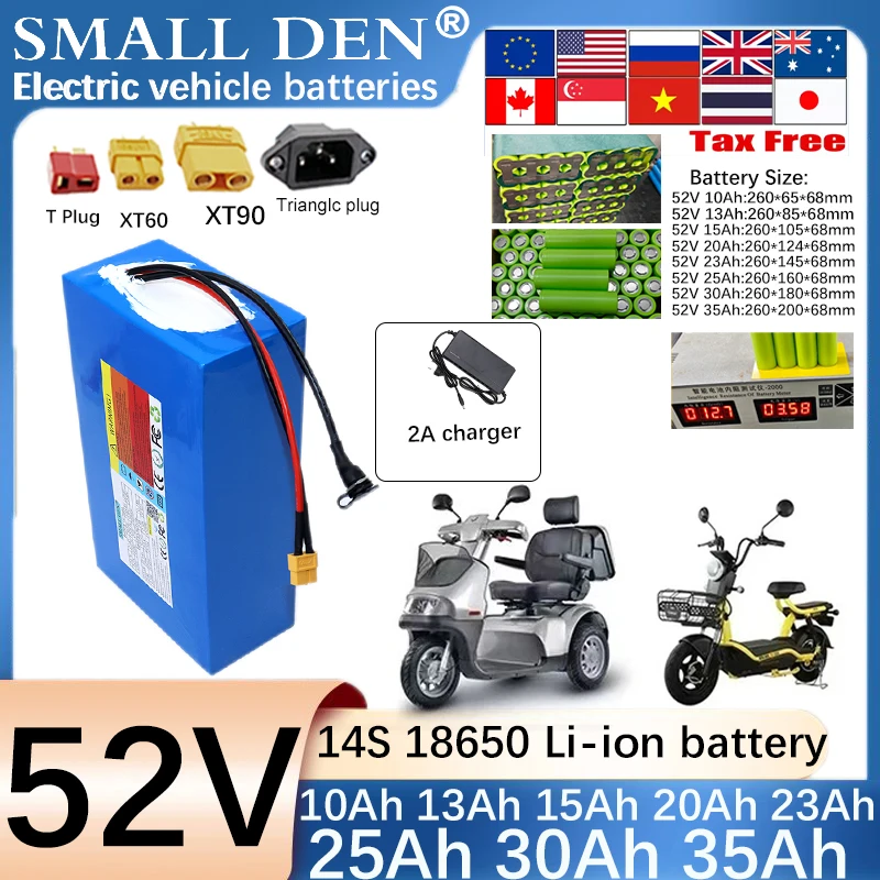 

New 52V 35Ah 30Ah 25Ah 23Ah 20Ah 15Ah 13A 10A 18650 Lithium battery pack 1500W Suitable for various power tools +2A charger