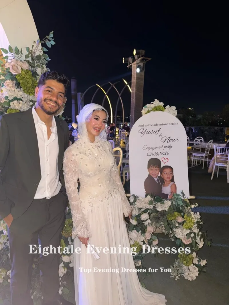 Eightale Arabic Wedding Dress Customized Ivory Bridal Gown O-Neck Lace Beaded Muslim Chiffon Bride Party Dress Vestido De Novia