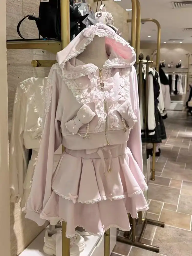 

Lovely Pearl Lace Flower Hoody Short Set Coat High Waist Cake Short Mujer Faldas Japan Sweet Heavy Preppy Style Suits New Faldas