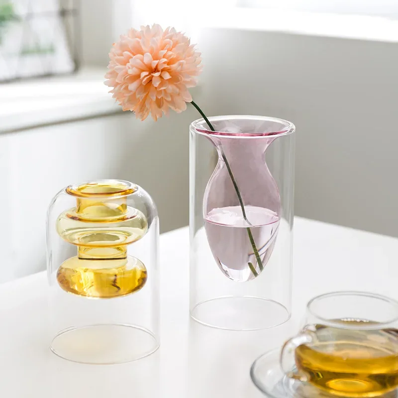 Ins Nordic personality color flowering glass vase ornament net black milk tea shop desktop creative hydroponic decoration.