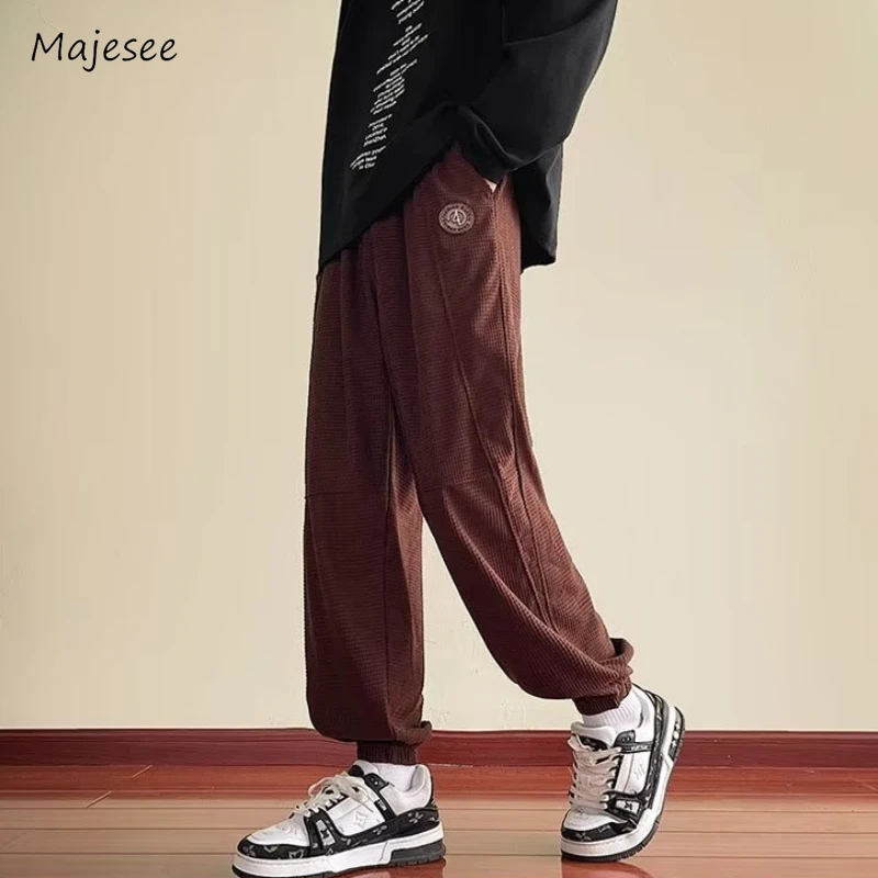 Waffle Sweatpants Men Simple Solid All-match Autumn Spliced Ankle Banded Oversize Soft Japanese Style Teenagers Popular Fashion