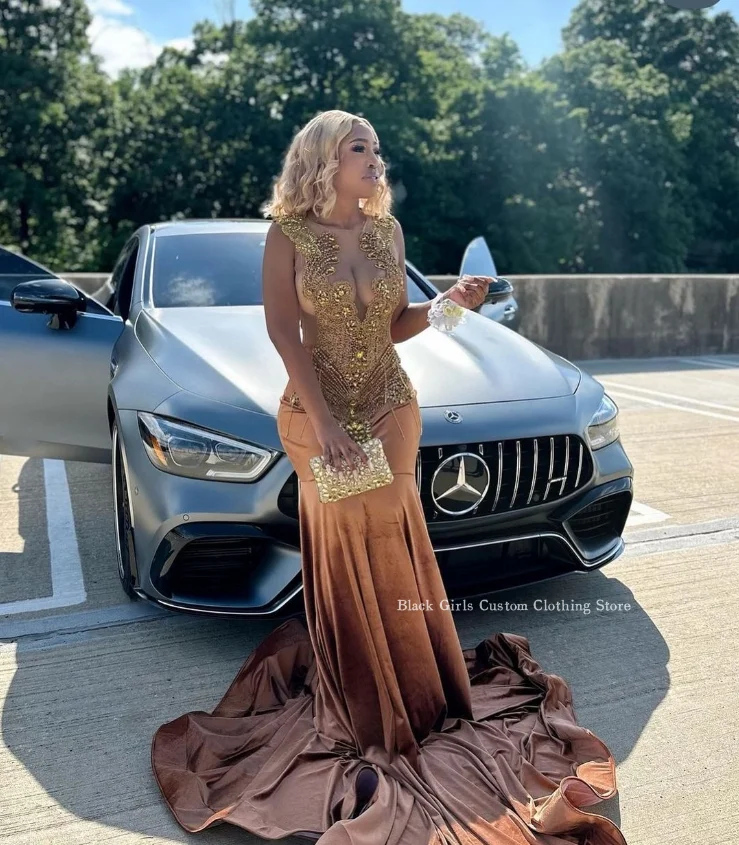 Gorgeous Brown Velvet Mermaid Prom Dress Sparkling Crystal Beaded Black Girls Party Celebrity Dresses فساتين للمناسبات الخاصة