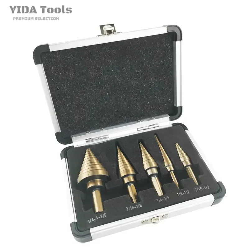 5pcs-hss-cobalt-step-drill-bit-set-metric-inch-multiple-hole-50-sizes-with-aluminum-case