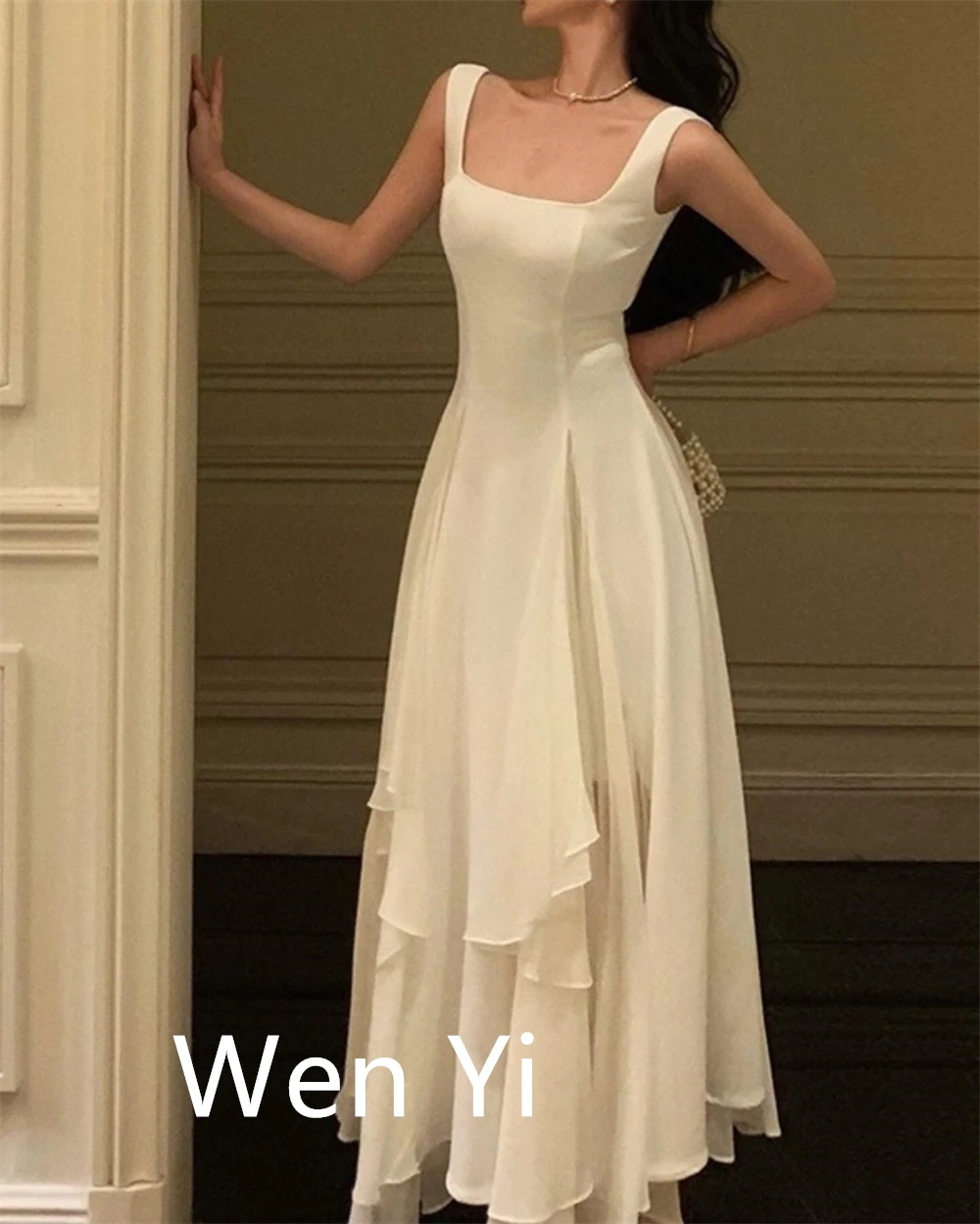 カスタマイズされた絶妙なアイボリーシフォンイブニングドレスクラシックスクエアカラーキャップスリーブノースリーブジッパーバックオーダーメイドOccas