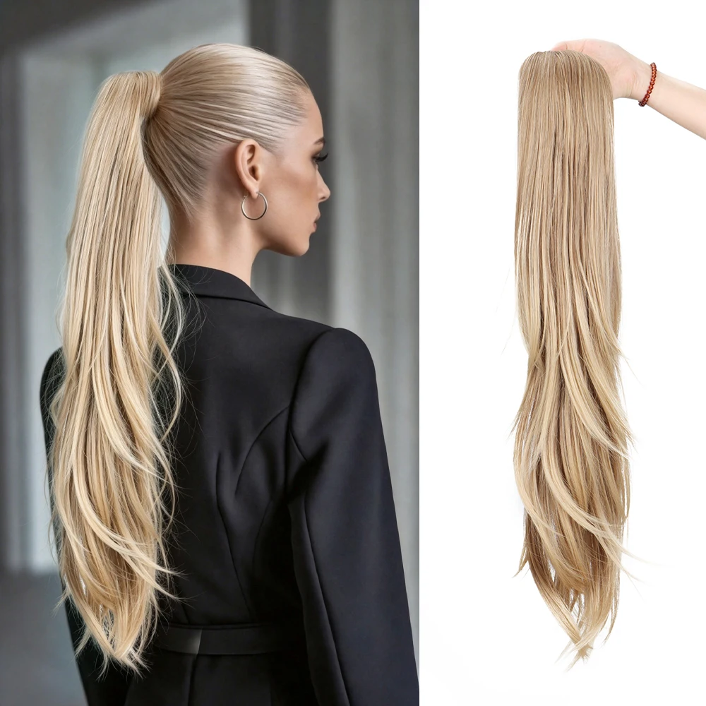 26Inch Long Straight Synthetic Ponytail Extension Drawstring Layered Texture Hairpiece Natural Volume for Women Daily Party