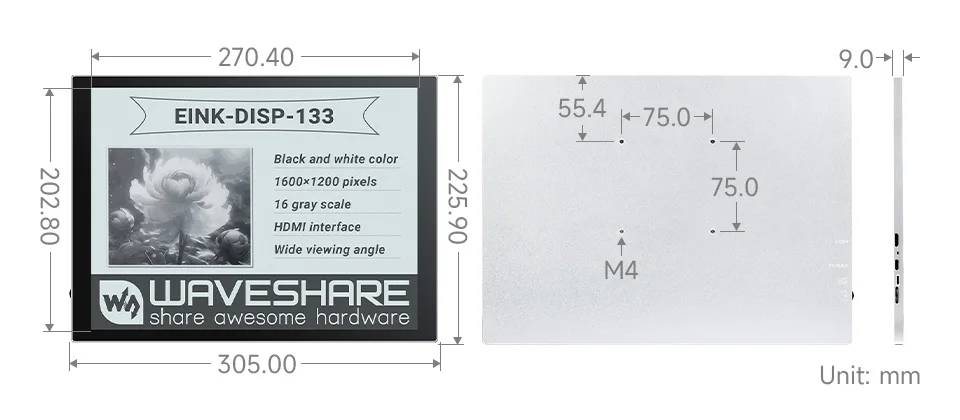 EINK-DISP-133,13.3inch E-Paper Monitor, Mini HDMI Interface,External E-Paper Screen For MAC/Windows PC,Anti-Glare,No Blue Light