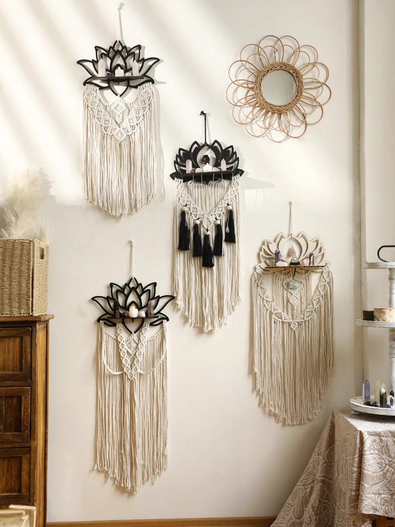 

Handwoven Tapestry Art Lotus Macrame Wall Hanging Woven Crystal Shelf Black Wooden Wall Shelves Boho Floating Wall Shelf Gifts