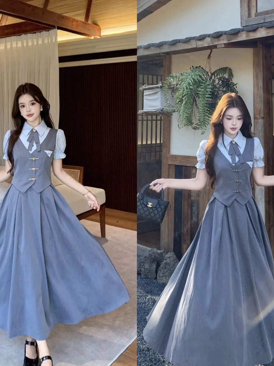 

plus Size British Style Shirt Dress Fake Two-Piece Slimming Suit Long Dress Women's Casual A-Line Skirt Breathable Summer Dress