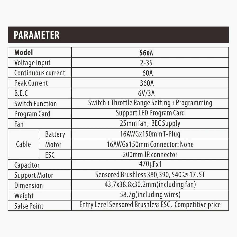 SURPASSHOBBY – contrôleur de vitesse électronique sans balais ESC 60A, 6V/3A BEC pour voiture RC 1/10 1/12 pour moteurs 380 390 540