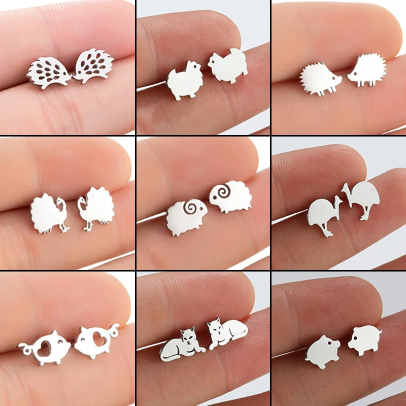 Vintage Stainless Steel Hedgehog Ostrich Earring Women Cute Pig Sheep Ear Jewelry Girl Student Daily Animal Earrings Accessories