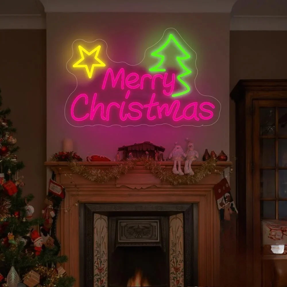 Merry Christmas Neon Sign Pink Green Yellow LED Wall Art Acrylic USB Powered Dimmable Light Decor for Xmas Tree Star Party
