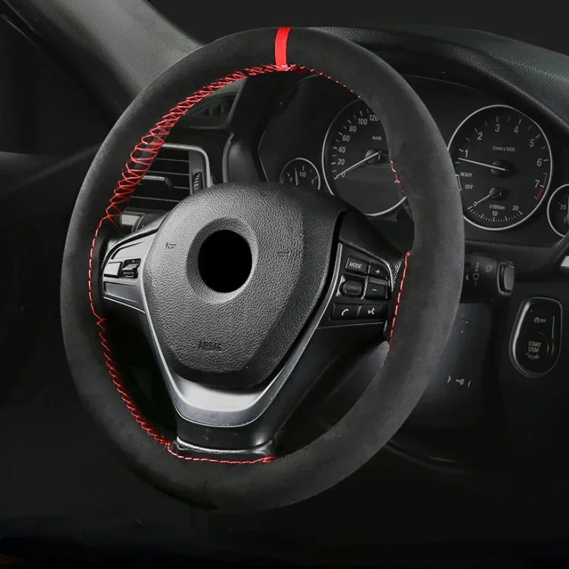 Universal 38cm Car Steering Wheel Cover Soft Comfortable Wear Resistant Hand Sewing Black Suede Leather Braiding Car Accessories
