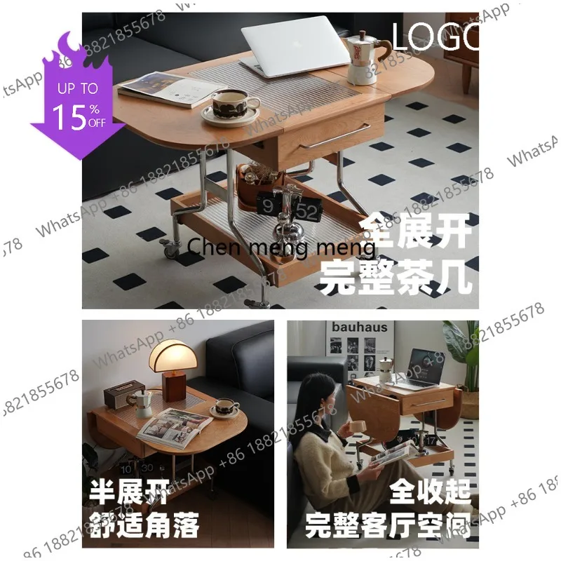 M183 Movable folding coffee table Nordic solid wood living room cherry wood sofa side few trolley