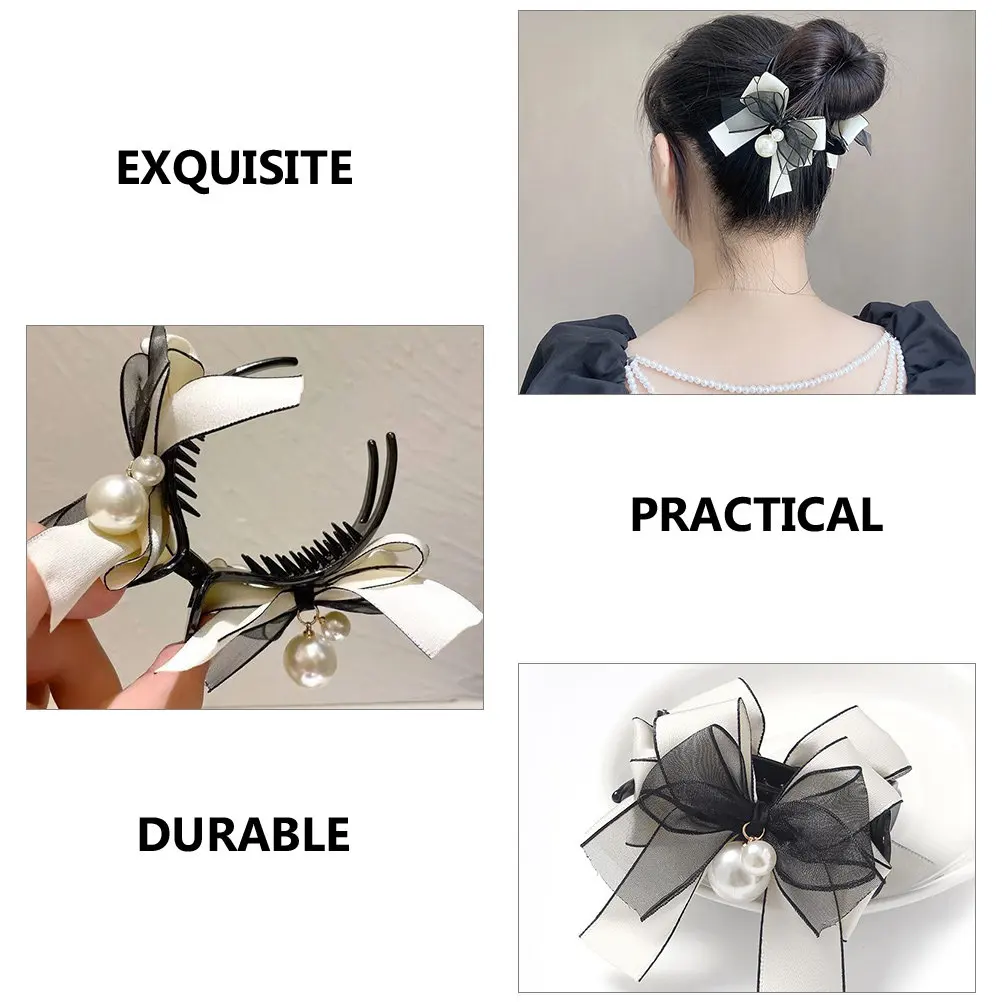 

Elegant Pearl Bow Hair Claw Clips for Women Strong Hold Hair Barrette Suitable for Office Outdoor Party Everyday Wear