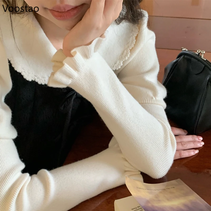 Autumn Winter Sweet Lolita Knitted Pullovers Women Vintage Lace Peter Pan Collar Gigot Sleeve Sweater Girls Cute Knitwear Tops